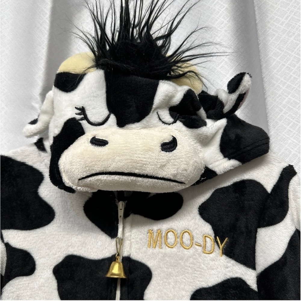 Moo-Dy Cow Print Plush Fleece Hooded Union Suit Pajamas One Piece Black White